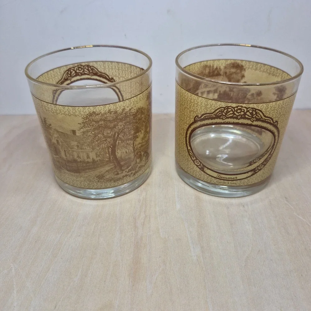 Vintage‎ Currier & Ives Houze Art Glass Rocks Glasses Summer Fall Set of 2